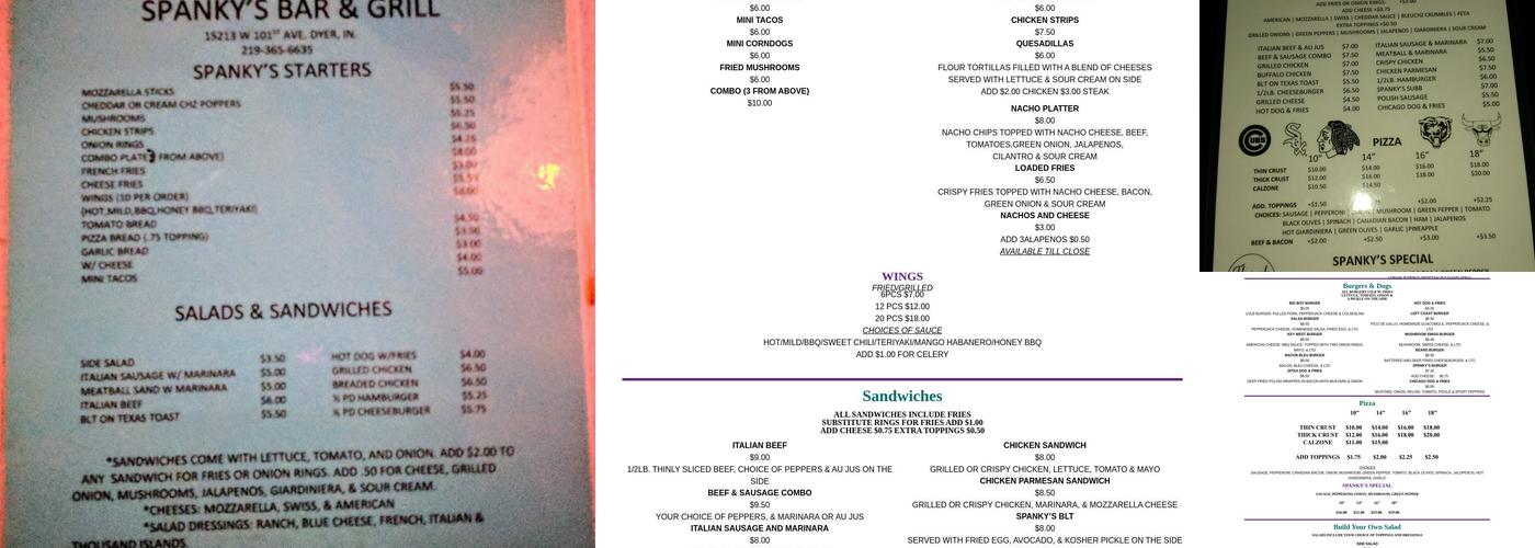 Spanky's Menu