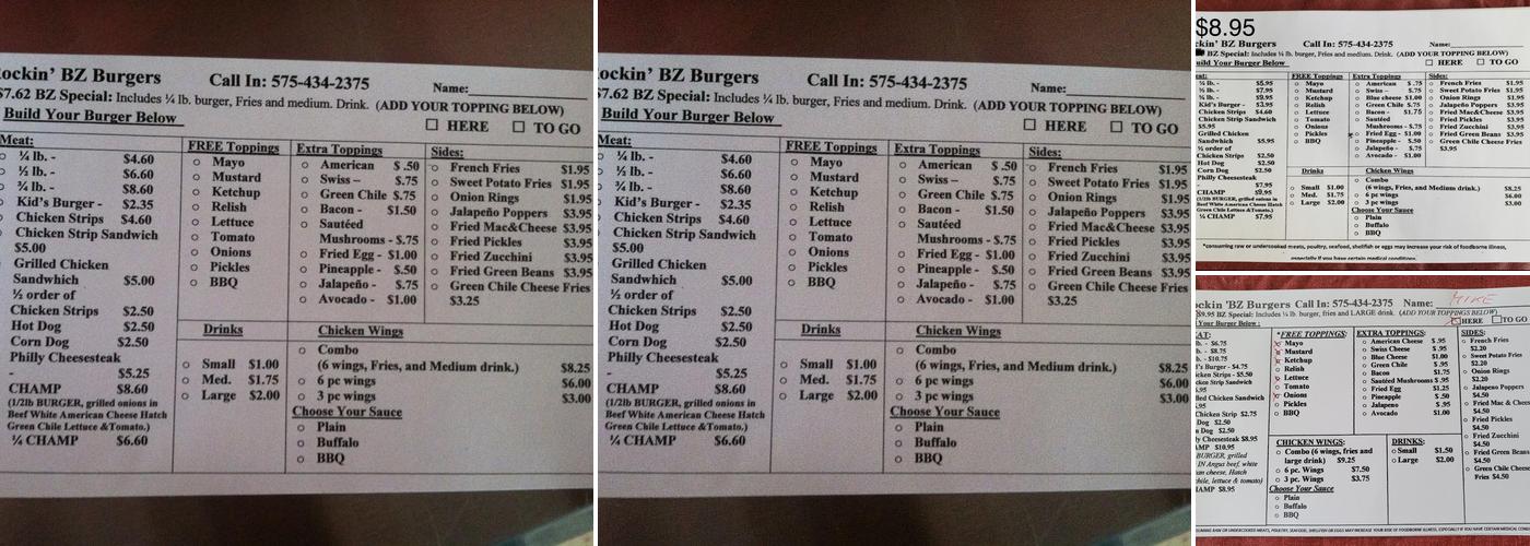 Rockin' BZ Burgers Menu