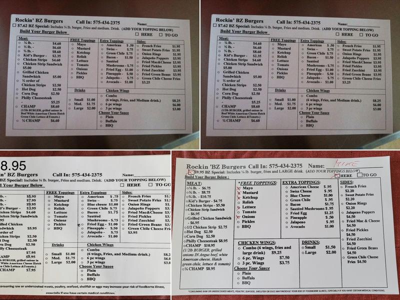 Rockin' BZ Burgers Menu