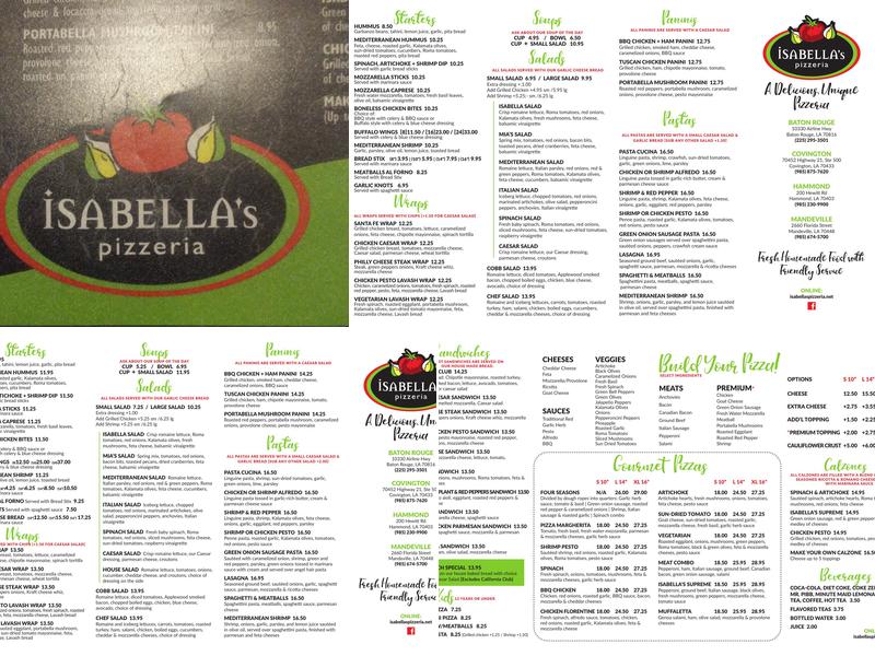 Isabella's Pizzeria Menu