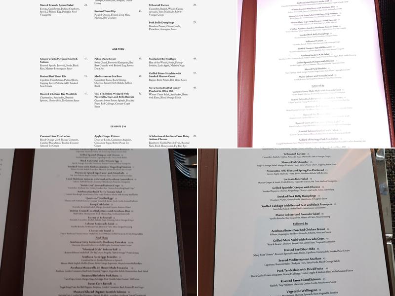 Arethusa al tavolo Menu