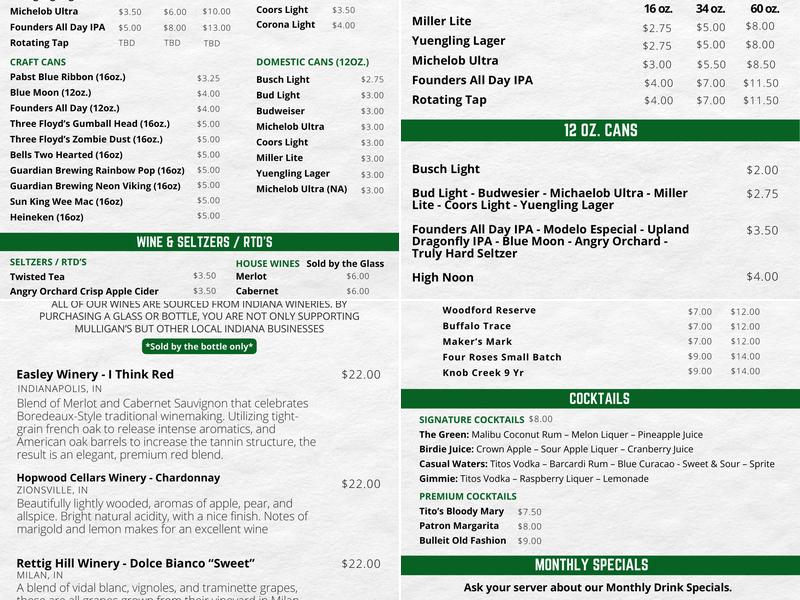 Mulligans Grill Menu