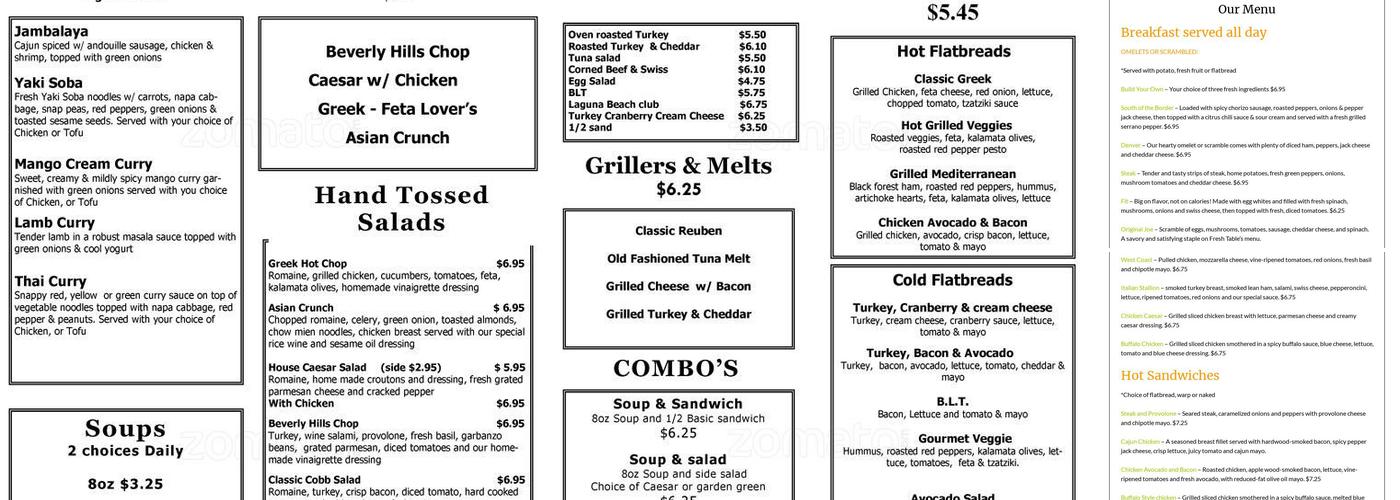 Fresh Table Cafe Menu