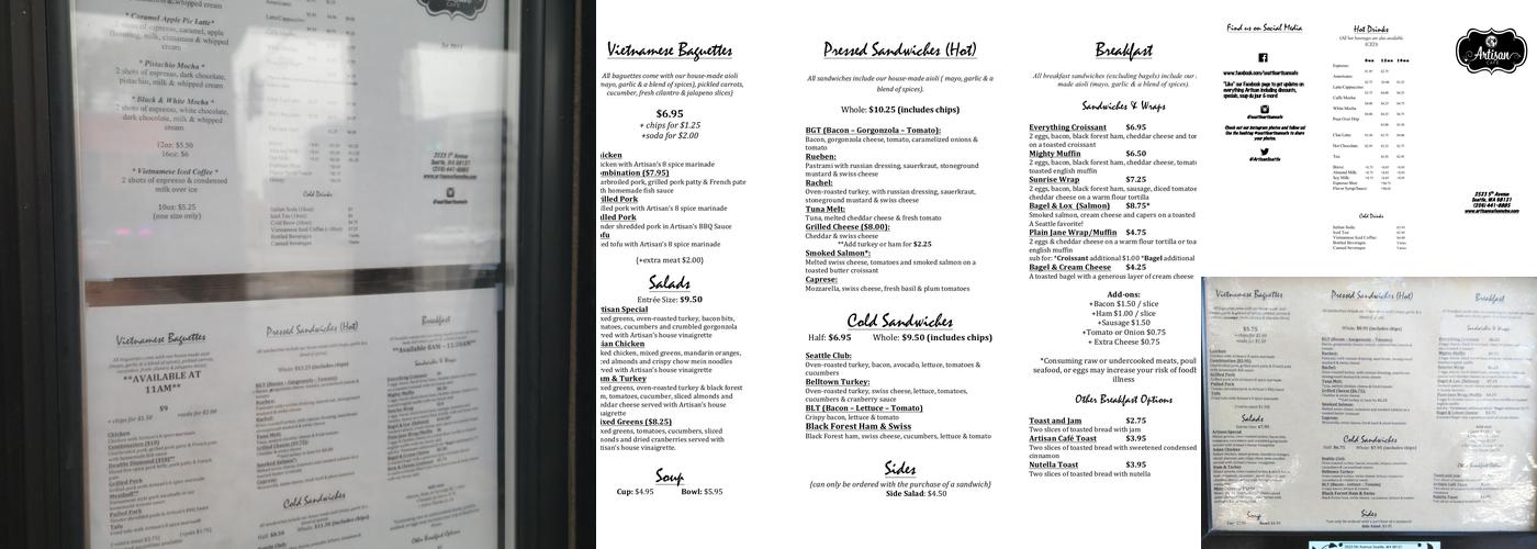 Artisan Cafe Menu