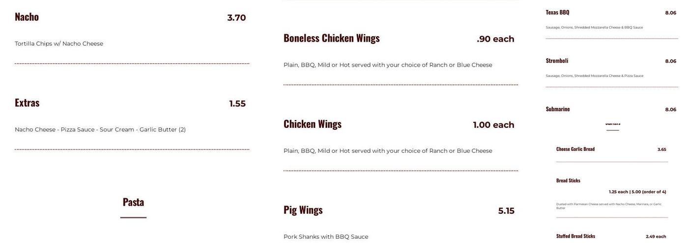 Buck Creek Pizza Menu