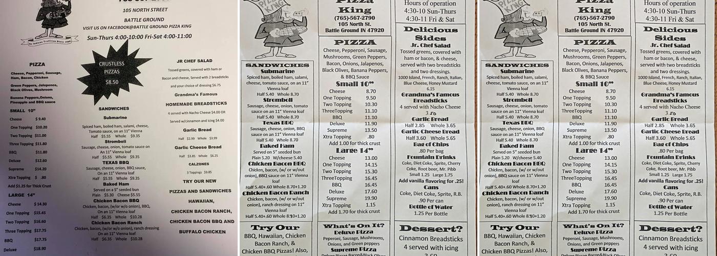 Battle Ground Pizza King Menu