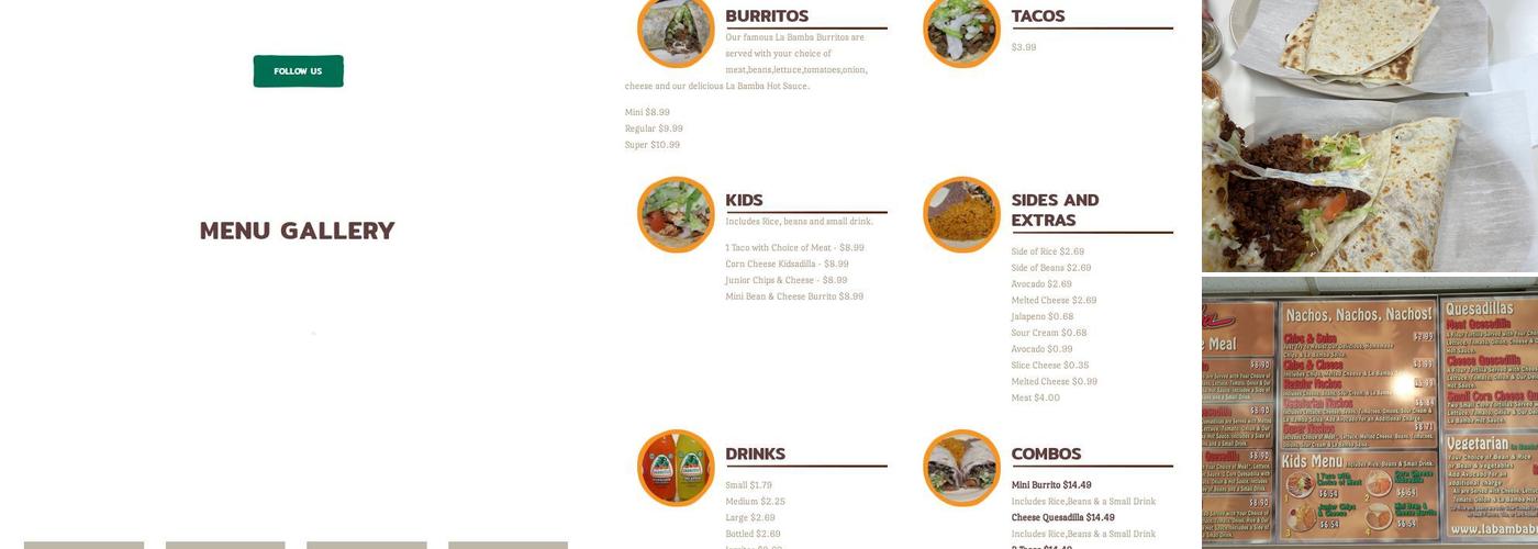 La Bamba Mexican Restaurant Lafayette Menu