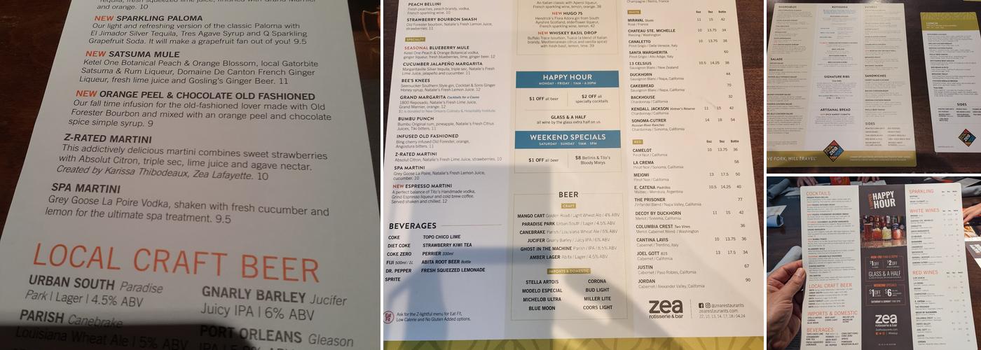 Zea Rotisserie & Bar Menu