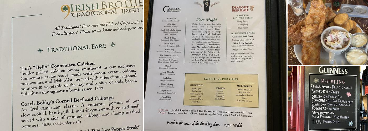 Nine Irish Brothers Lafayette Menu