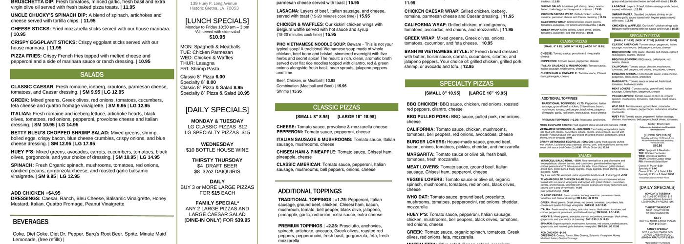 Huey P's Pizzeria and Daiquiris Menu