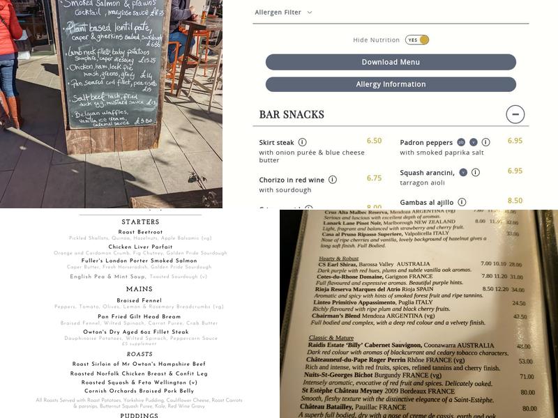 The Blue Boat, Fulham Reach Menu