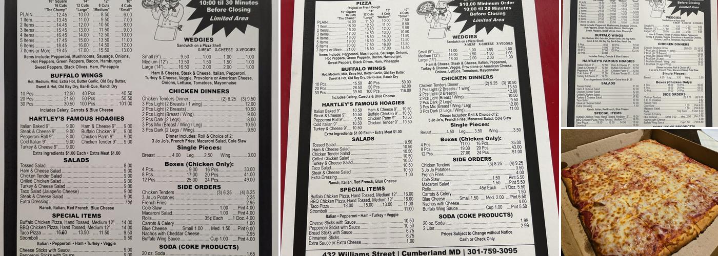 Hartley's Pizza Menu