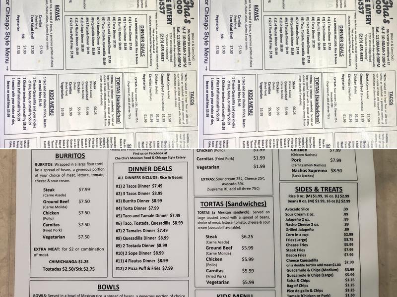 Cha-Cha's Tacos Menu