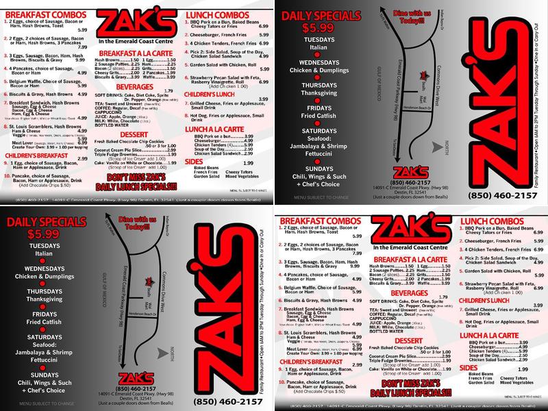 Zak's Family Restaurant Menu