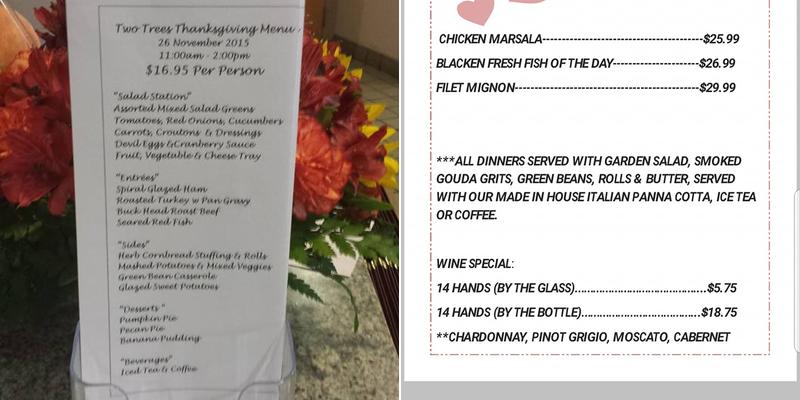 Two Trees Restaurant Menu