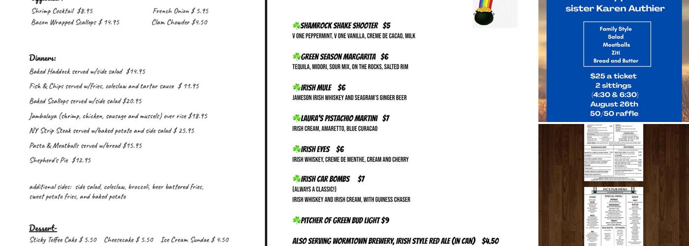 Pics Pub and Pizzeria Menu