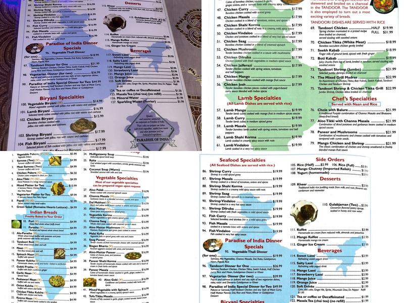 Paradise of India Menu