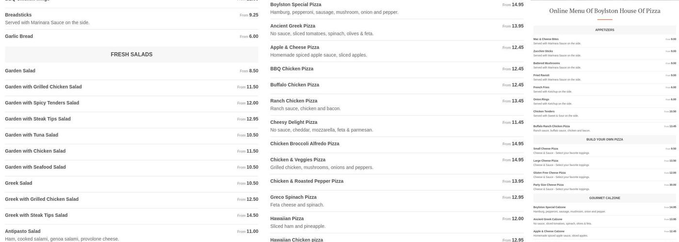 Boylston House of Pizza Menu