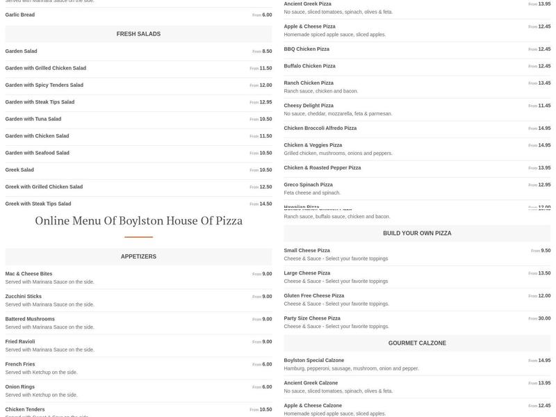 Boylston House of Pizza Menu