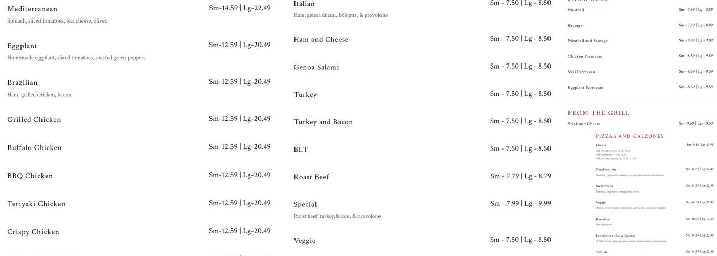 Leominster House of Pizza Menu