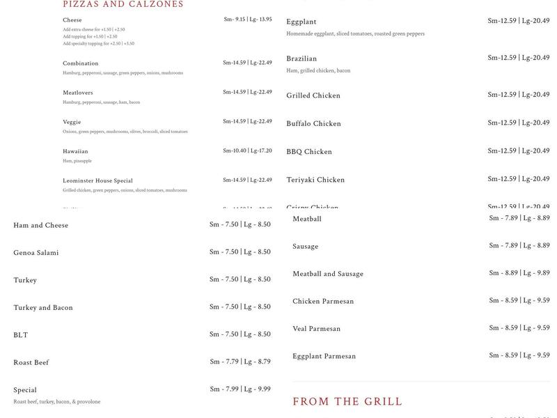 Leominster House of Pizza Menu