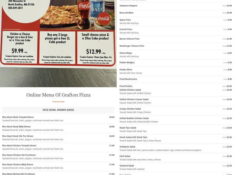 Grafton Pizza Menu