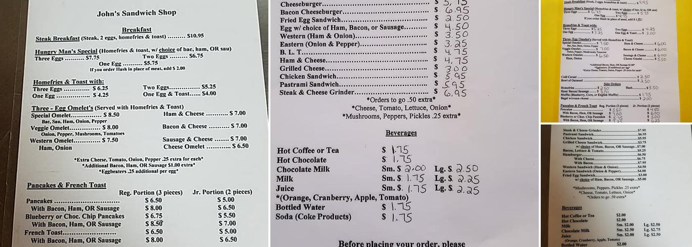 John's Sandwich Shop Menu