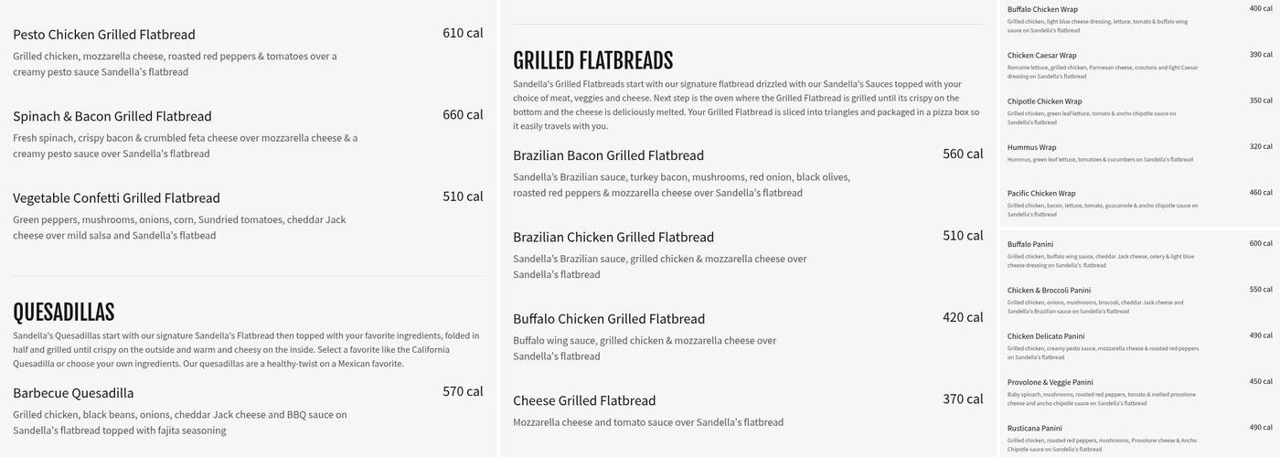 Sandella's Flatbread Cafe Menu