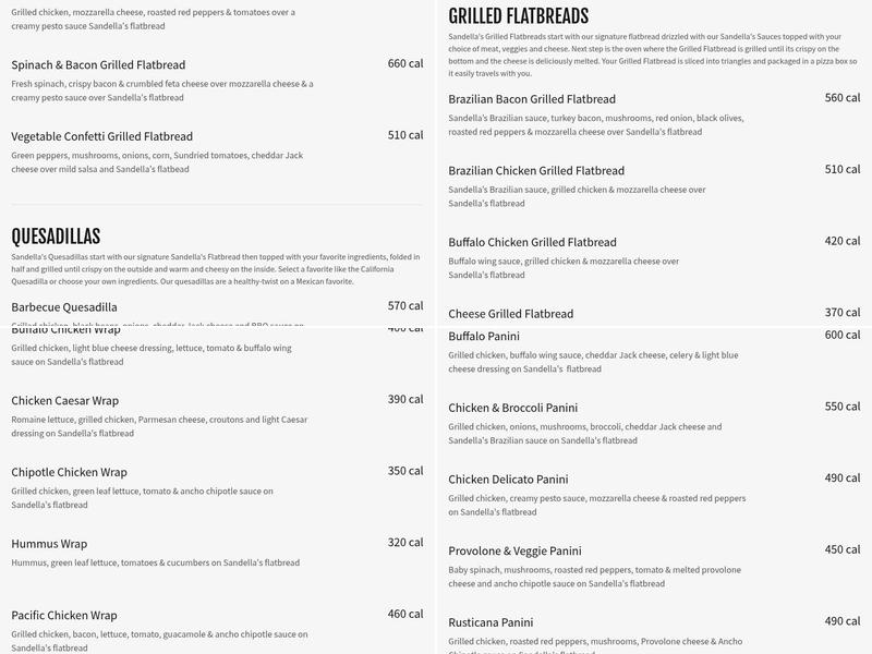 Sandella's Flatbread Cafe Menu
