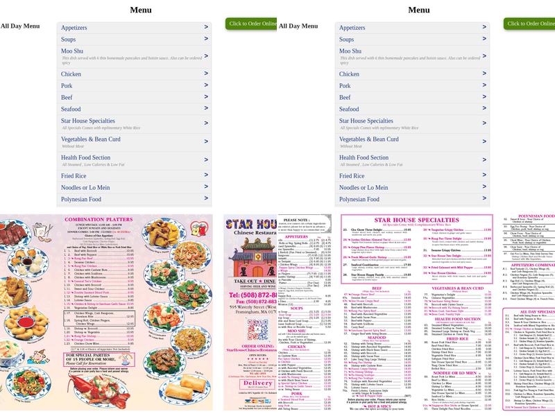 Star House Chinese Restaurant Menu