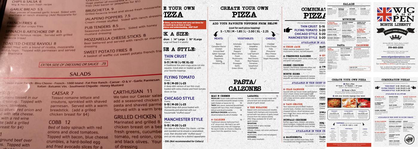 Wig & Pen Pizza Pub Menu