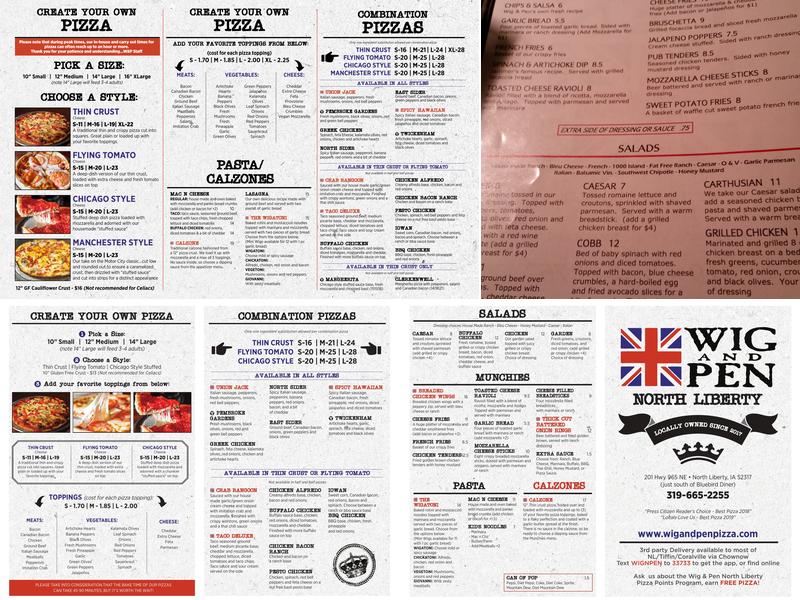 Wig & Pen Pizza Pub Menu