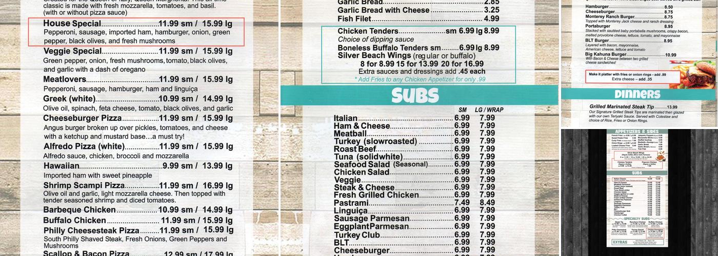 Silver Beach Pizza & Seafood Menu