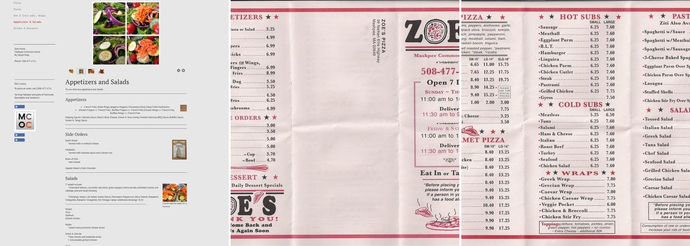 Zoe's Pizza Menu