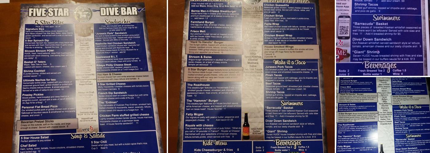 Five Star Dive Bar Menu