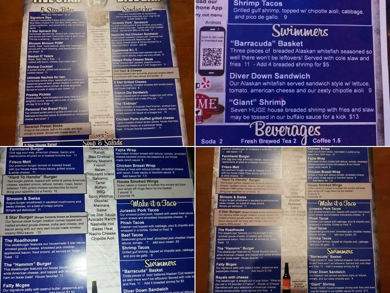 Five Star Dive Bar Menu