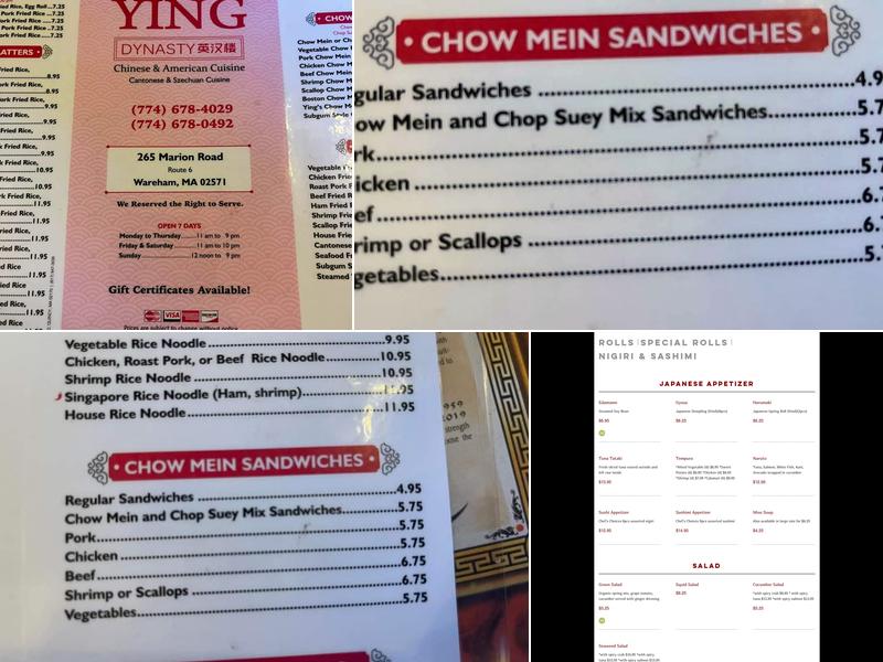 Ying Dynasty of Wareham Menu