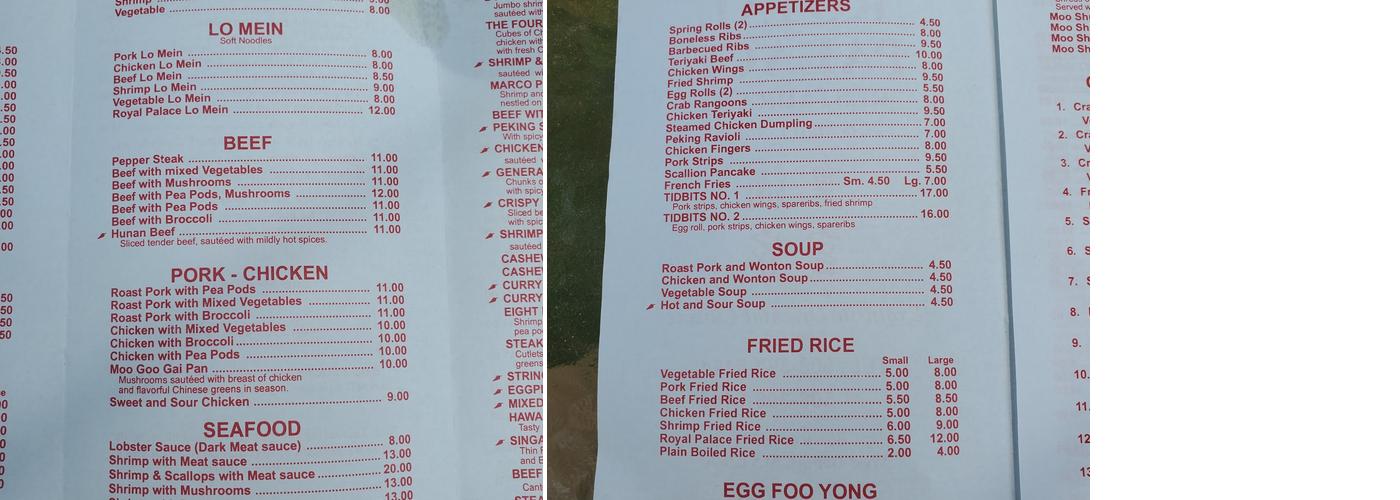 Royal Palace Restaurant Menu