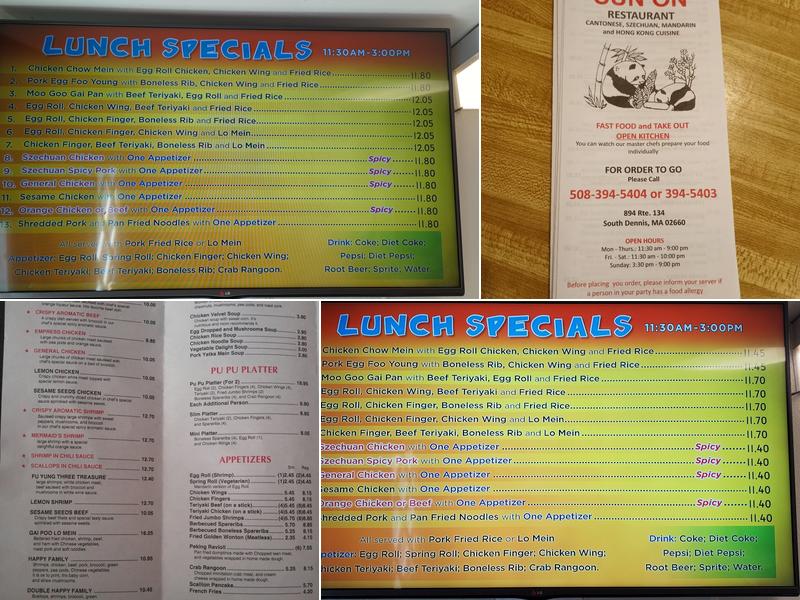 Sun On Chinese Restaurant Menu
