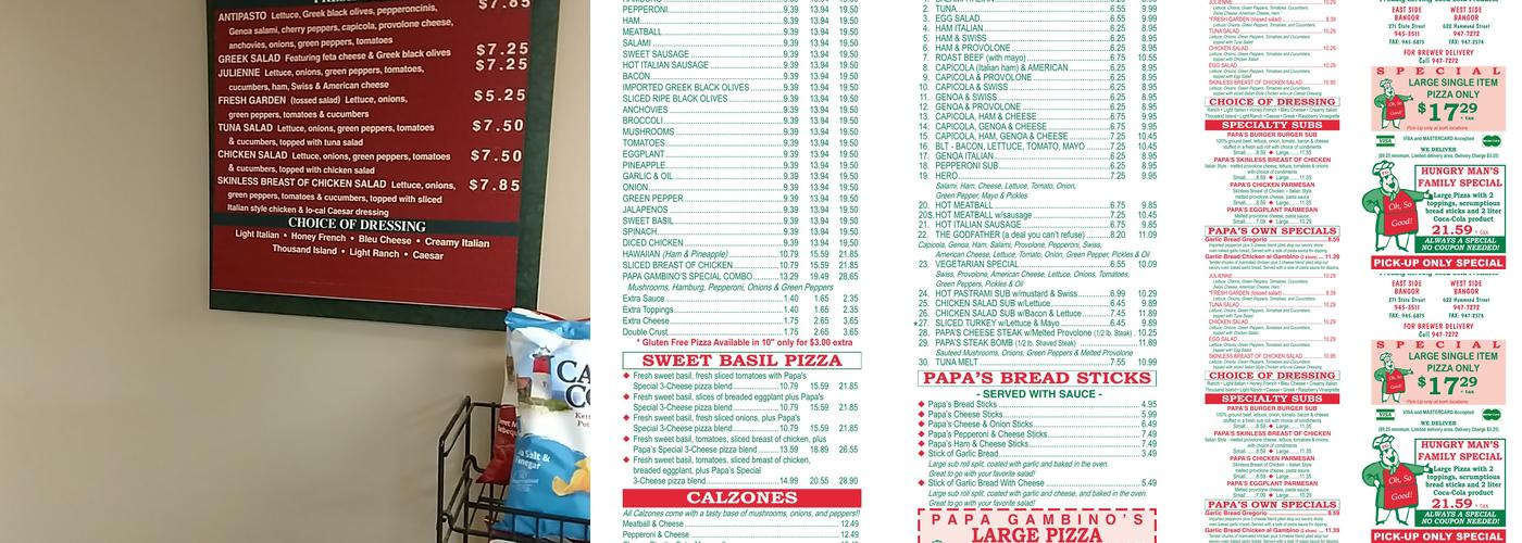 Papa Gambino's Pizzas Subs Menu