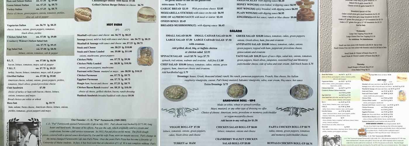 Pat's Pizza in Hampden, ME Menu