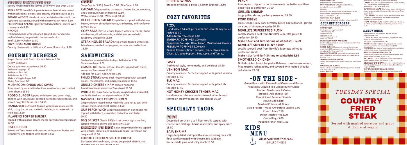 The Cozy Corners Tavern & Grill Menu