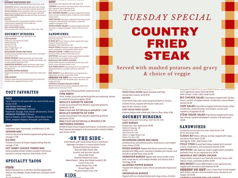 The Cozy Corners Tavern & Grill Menu