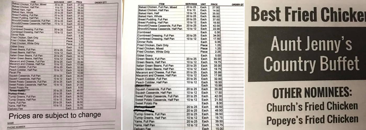 Aunt Jenny's Country Buffet Menu