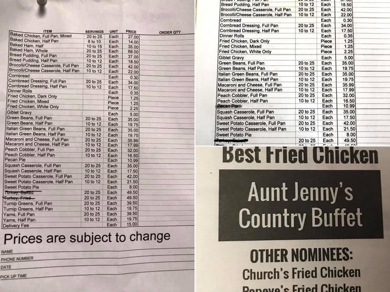 Aunt Jenny's Country Buffet Menu