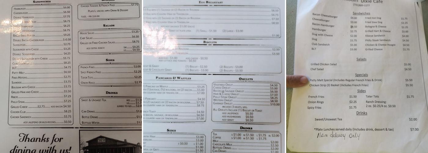 Whistlin Dixie Trading Post Menu