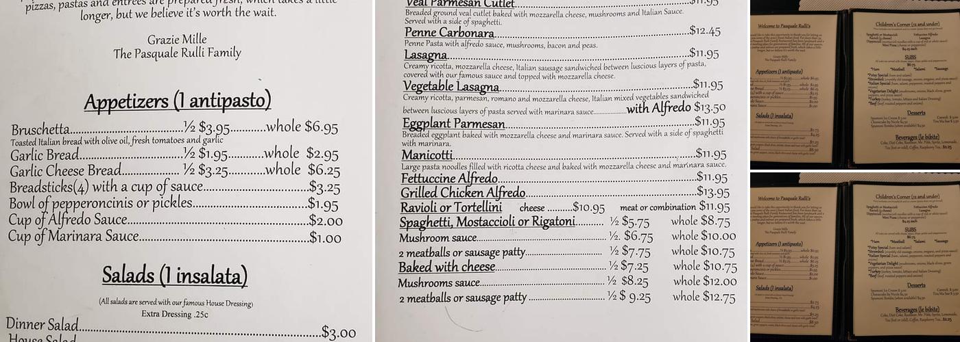 PASQUALE RULLI'S Menu