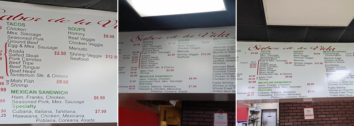 Sabor De La Vida Menu