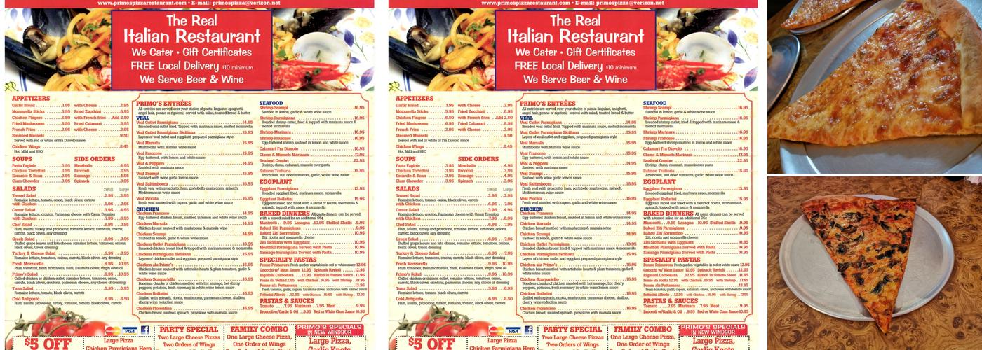 Primo's Pizza Menu