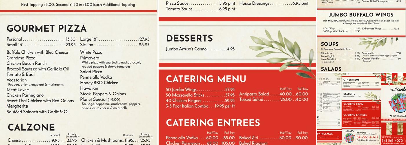 The Barile's Planet Pizza Menu